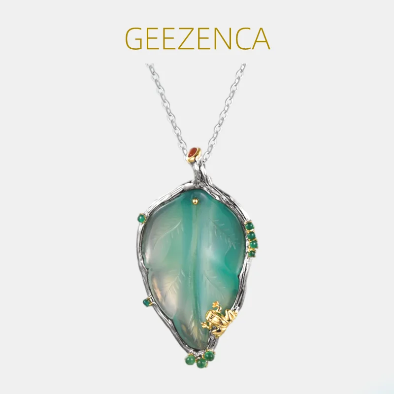 GEEZENCA Natural Green Chalcedony Leaf 925 Silver Big Pendant For Women Vintage Luxury Gemstone Pendnats For Sweater Necklace