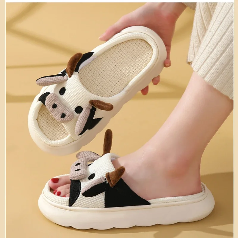 Four Seasons Cute Cartoon Cow Linen Slippers Non-slip Universal Shoes for Women Cotton Linen Sandals Indoor Home Chanclas