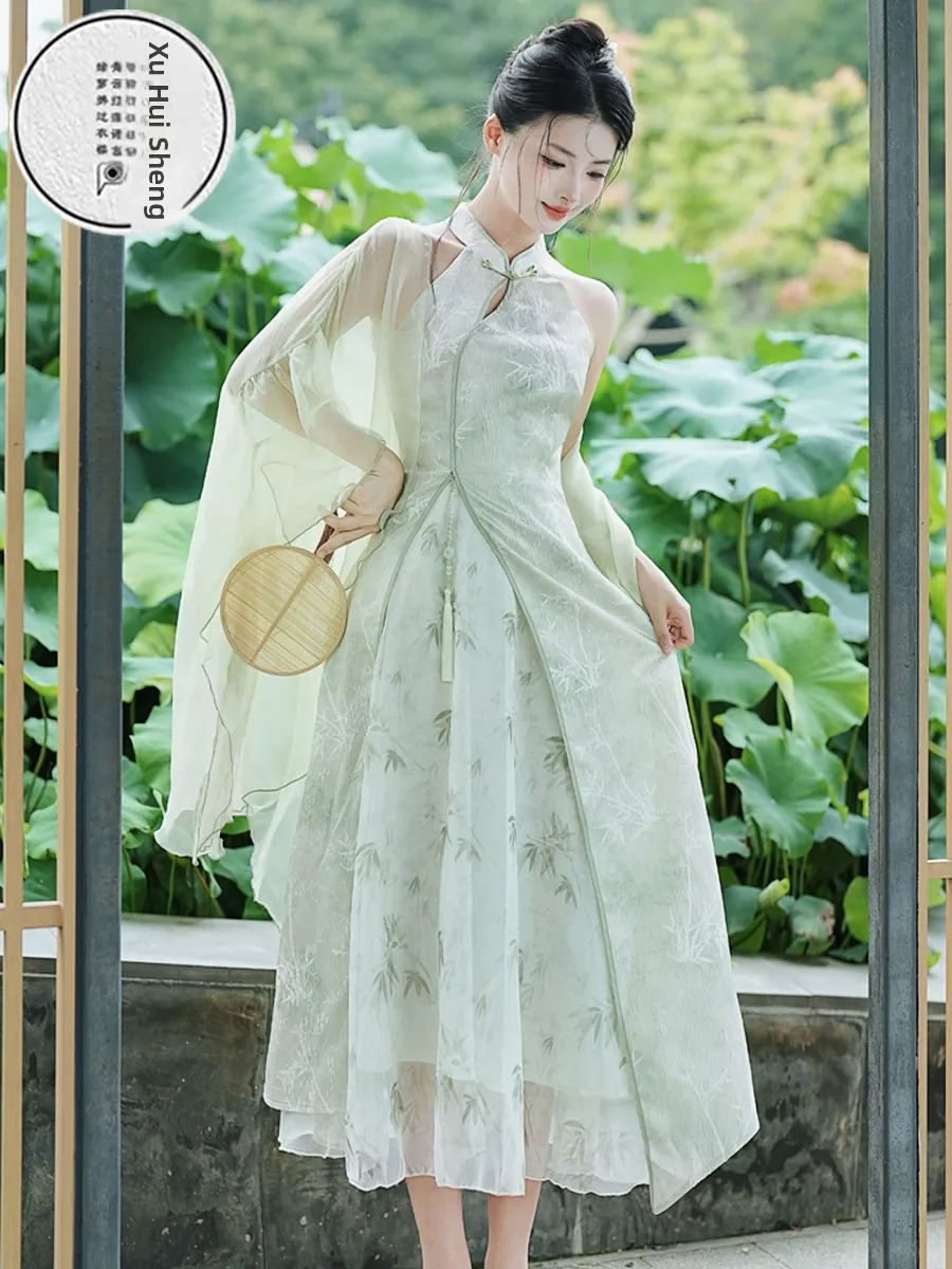 

New Chinese Sle Patchwork een Bamboo Snowflake Chiffon Ne Hanging Qipao Outerwear Asymmetrical Open Cardigan Two-Piece Set