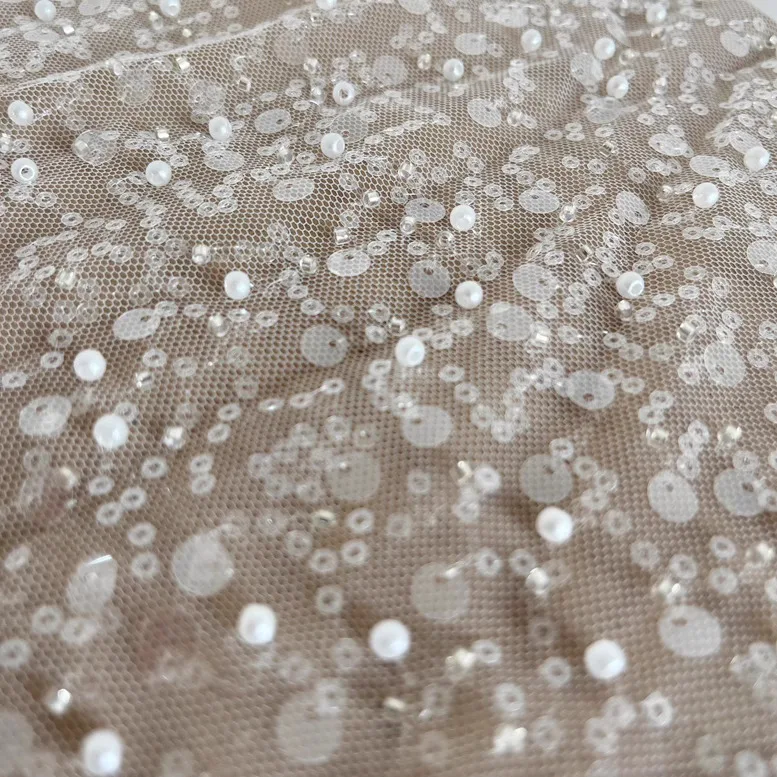 Picture 5: 1yard White champagne gold mesh fabric Bead sequins sewing wedding dress women's dress accessories tissu