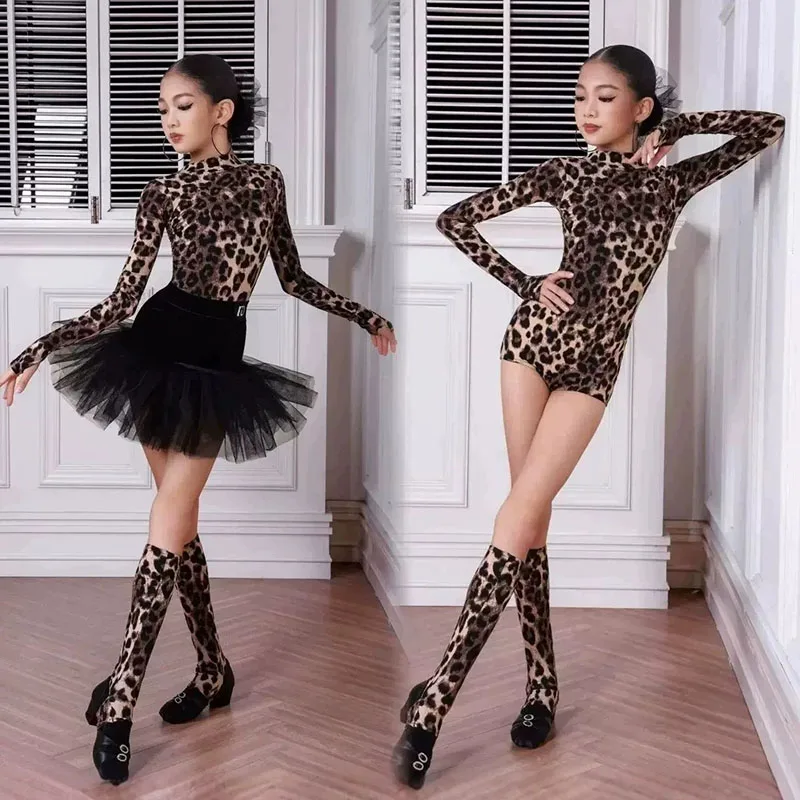 Children Latin Dance Dress for Girls Long Sleeve Bodysuit Fluffy Skirt Cha Cha Training Rumba Costume Performance Dancewear