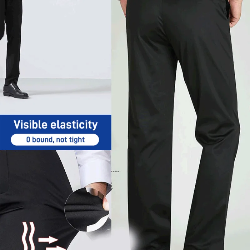 Calças casuais elásticas de seda gelada masculina com tecido durável antiestático, cintura elástica solta calças confortáveis e amigáveis à saúde