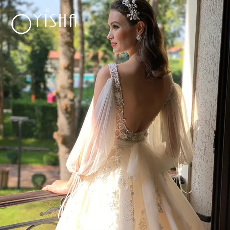 Oyisha-vestido De Novia De corte en A con manga 3/4, traje Sexy con cuello en V profundo, espalda abierta, tul bohemio, apliques De encaje, vestido De Novia para Fiesta