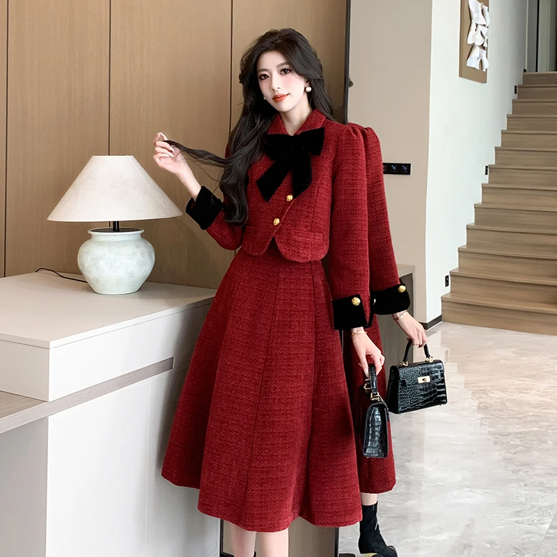 Fall Small Fragrance Vintage Two Piece Set Women Crop Top Short Jacket Bow Coat + Heigh Waist A-Line Skirts Sets 2 Piece Suits