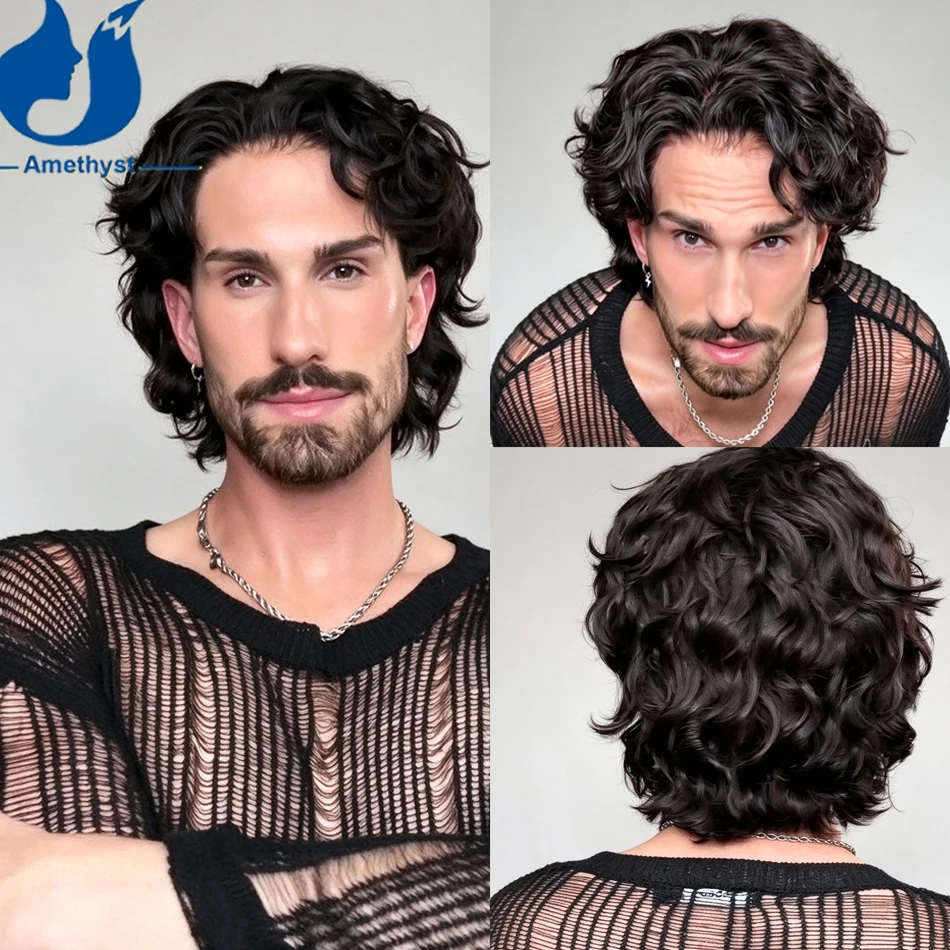 Amethyst Pre Plucked Wave Curly Short Cut Wig for Men 13x6 Lace Frontal Human Hair Wig Brazilian Remy Pre Styled Natural Black