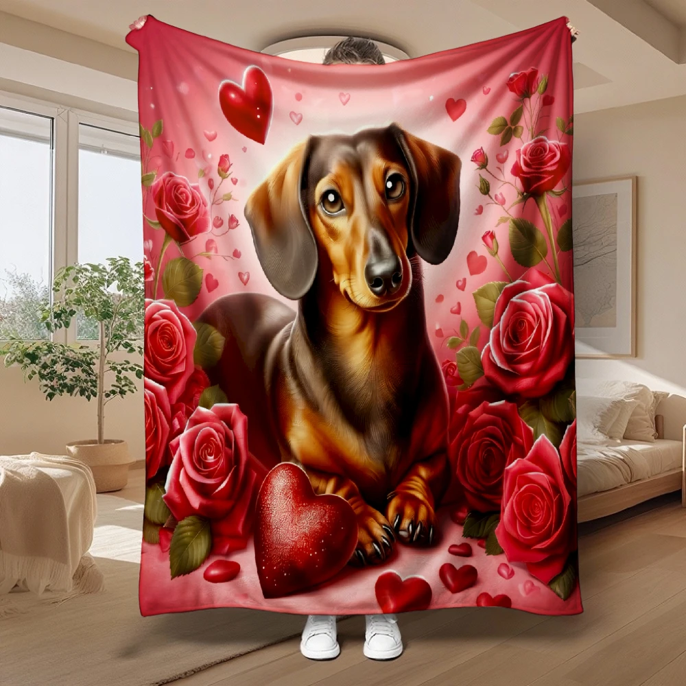 Romantic Dachshund And Roses, Dog Lover Gift, Soft Cozy Blanket, Red Heart Floral Design, Multi-Purpose Home Decor, Warm Comfort