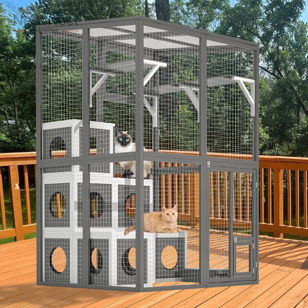 

Outdoor Wooden Cat Catio - Large Solid Wood Cat Cage Playpen with 2 Jumping Platforms & 7 Napping Houses, Walk-in Cat Kennel