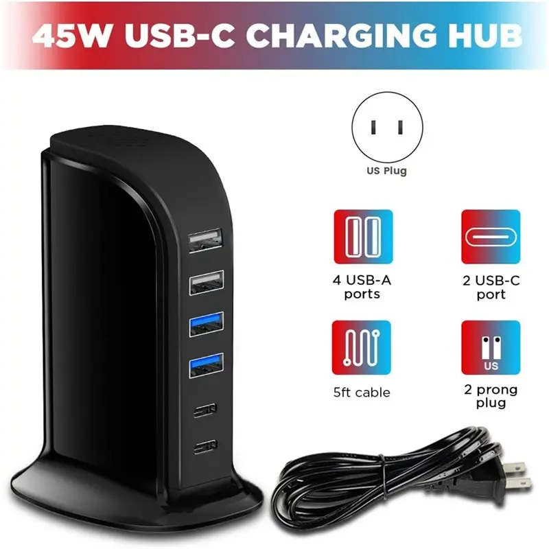 ABGI USB Charging Station 45W Fast Block Dual Type-C for Ports 6-Port Charging Hub for Multiple Devices Travel