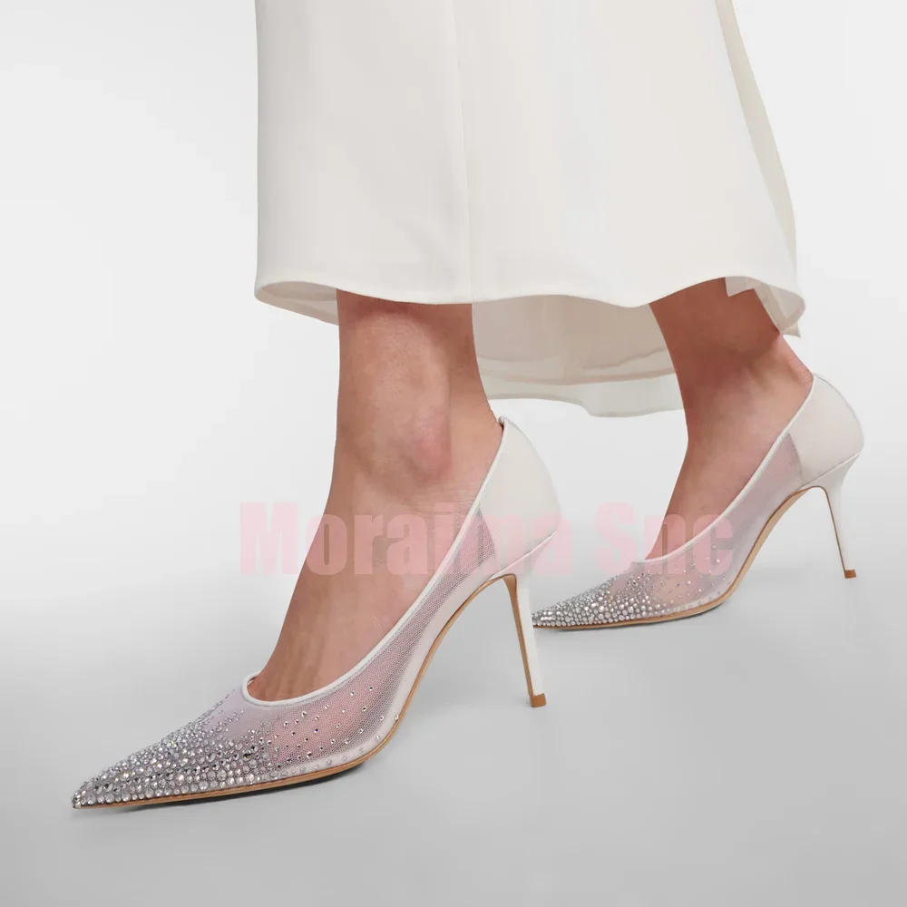 

Crystal Embellished Mesh Pumps Pointed Toe Shallow Slip On Stiletto High Heels Fashion Women's Dress Wedding Shoes 2025 Newest