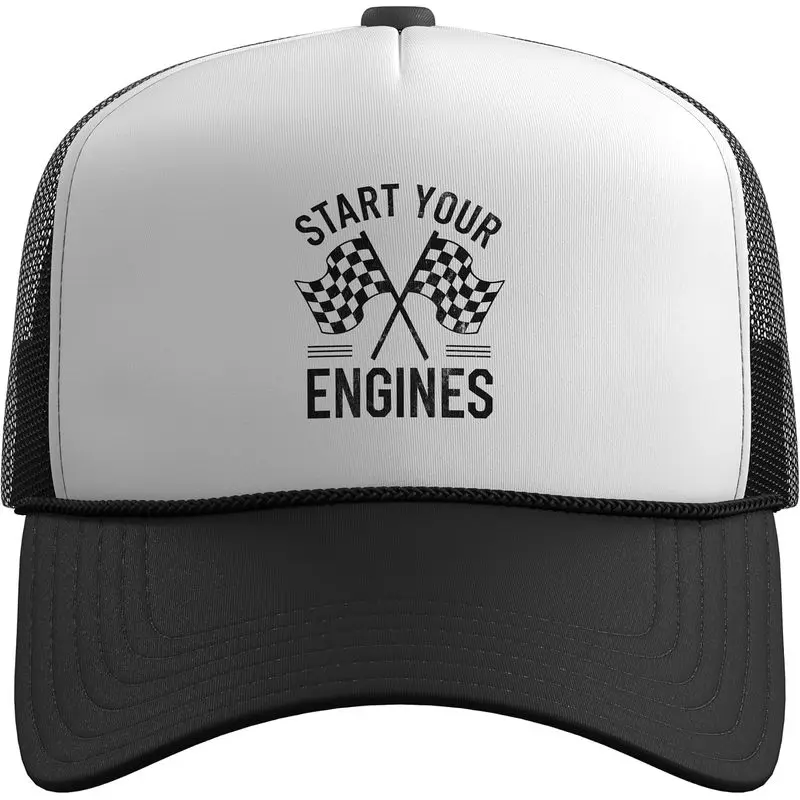Start Your Engines Vintage Checkered Flag Race Car Trucker Hat with Adjustable Mesh Back