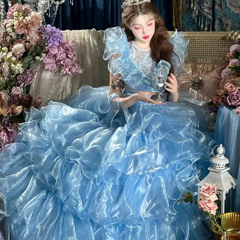 

Sweet Blue Op Wedding Lolita Dress Lolita Birthday Party Princess Dresses Women Chic Bead Bow Ruffle Edge Big Swing Cake ADKJTF3
