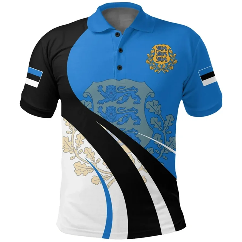 Estonia Flag Polo Shirt For Men 3d Print National Emblem T-shirt Tops Summer Casual Street Lapel Short Sleeve Loose Shirts