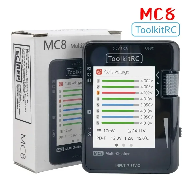 ToolkitRC MC8 SC100 Mini Size Cell Checker 32 Bit Battery Multi-Checker PWM Output PPM SBUS Readout with USB-C Fast Charging