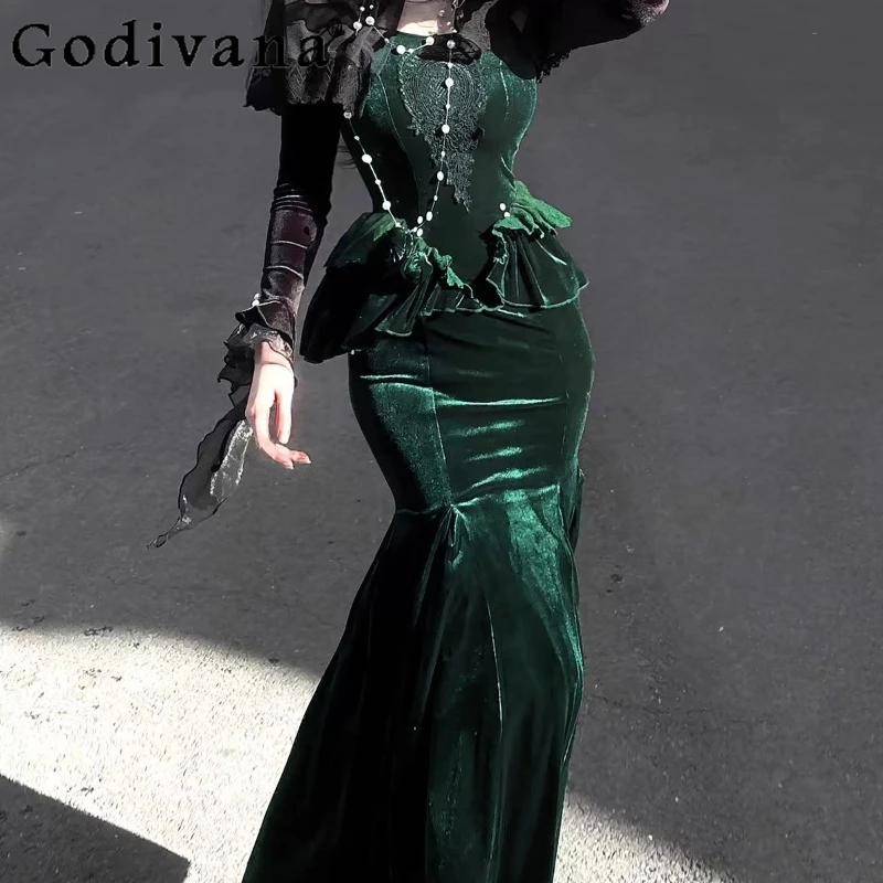 

Lolita Slim Sexy Dresses Women Spring Elegant Birthday Evening Dresses Ladies Retro Green Fishtail Lace Coat Two Pcs Dress Sets
