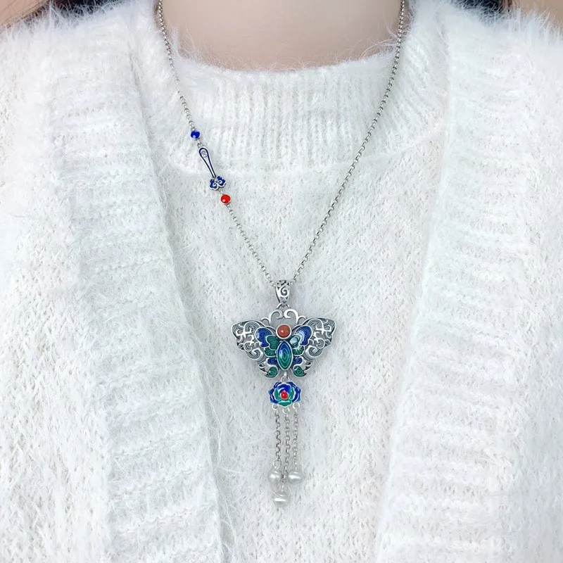 Silver 925 Exquisite Enamel blue-green Butterfly Pendant Tassel Retro Ethnic Style Auspicious Cloud Necklaces Wedding Jewelry