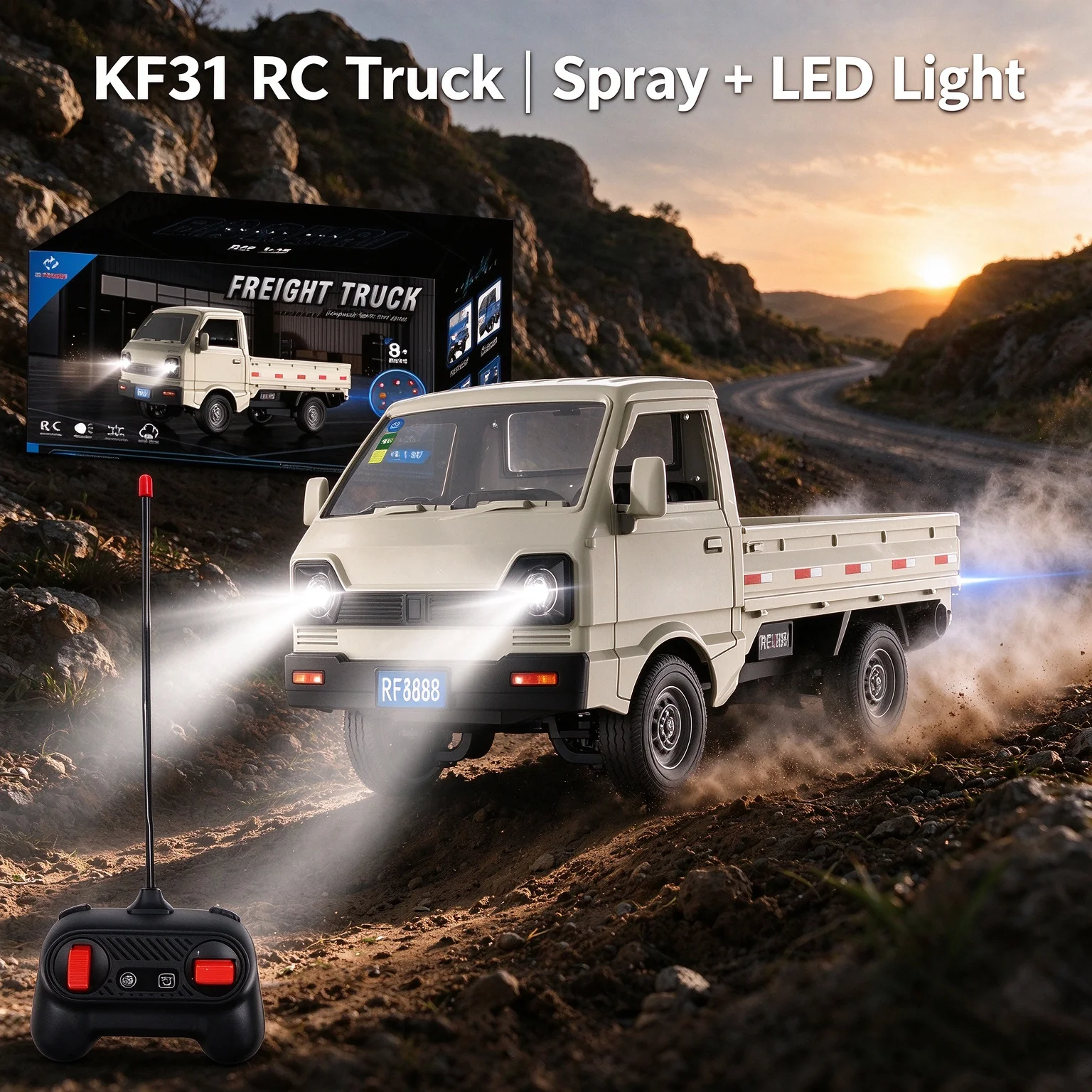 KF31 1:18 RC Cargo Truck 2.4G Remote Control Pickup With Spray&LED Light RWD Off Road Toy Vehicle Car For Boys Kid Birthday Gift