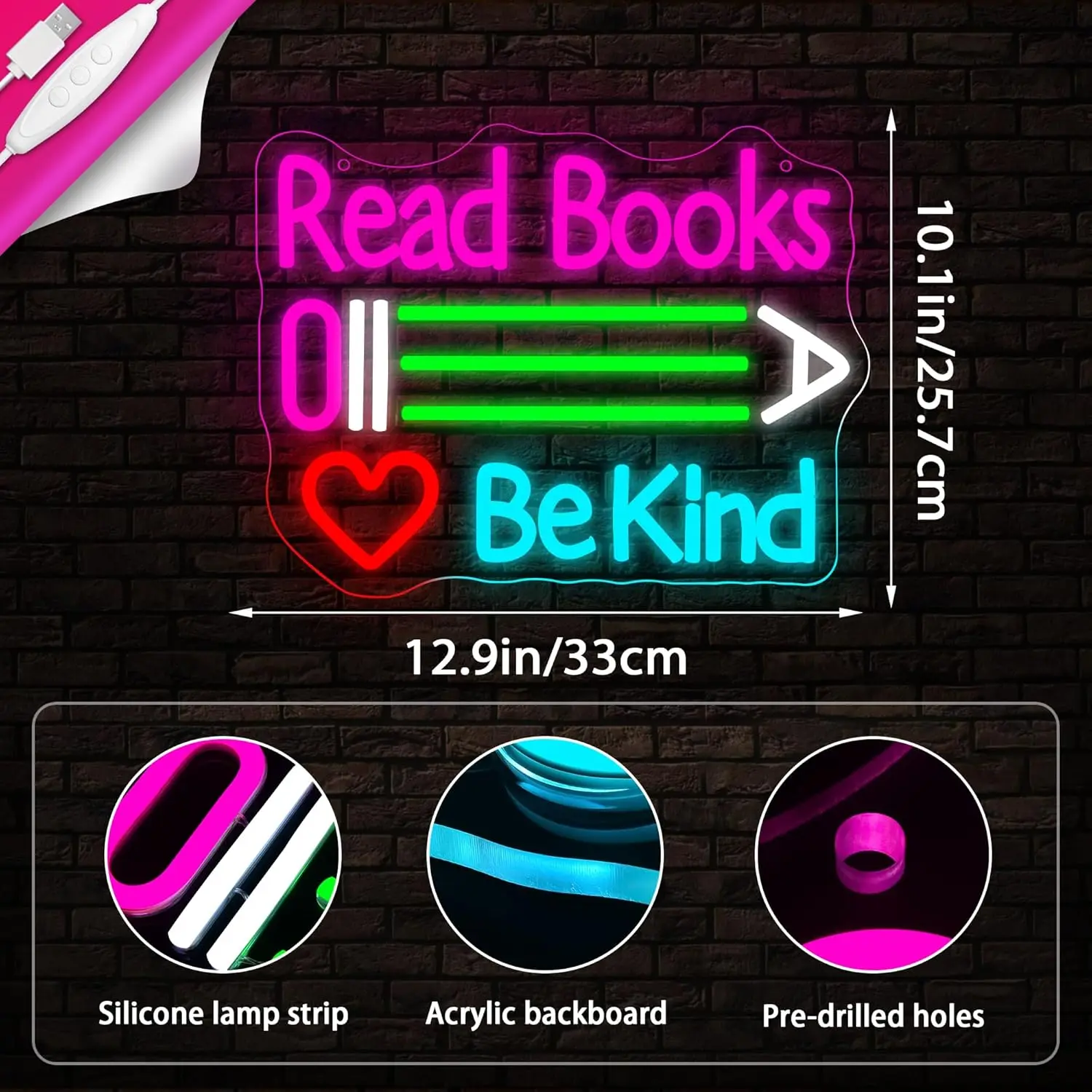 Read Books And Be Kind Neon Sign USB Dimmable LED Neon Light for library Book Room Bedroom Party Classroom Reading Room Decor