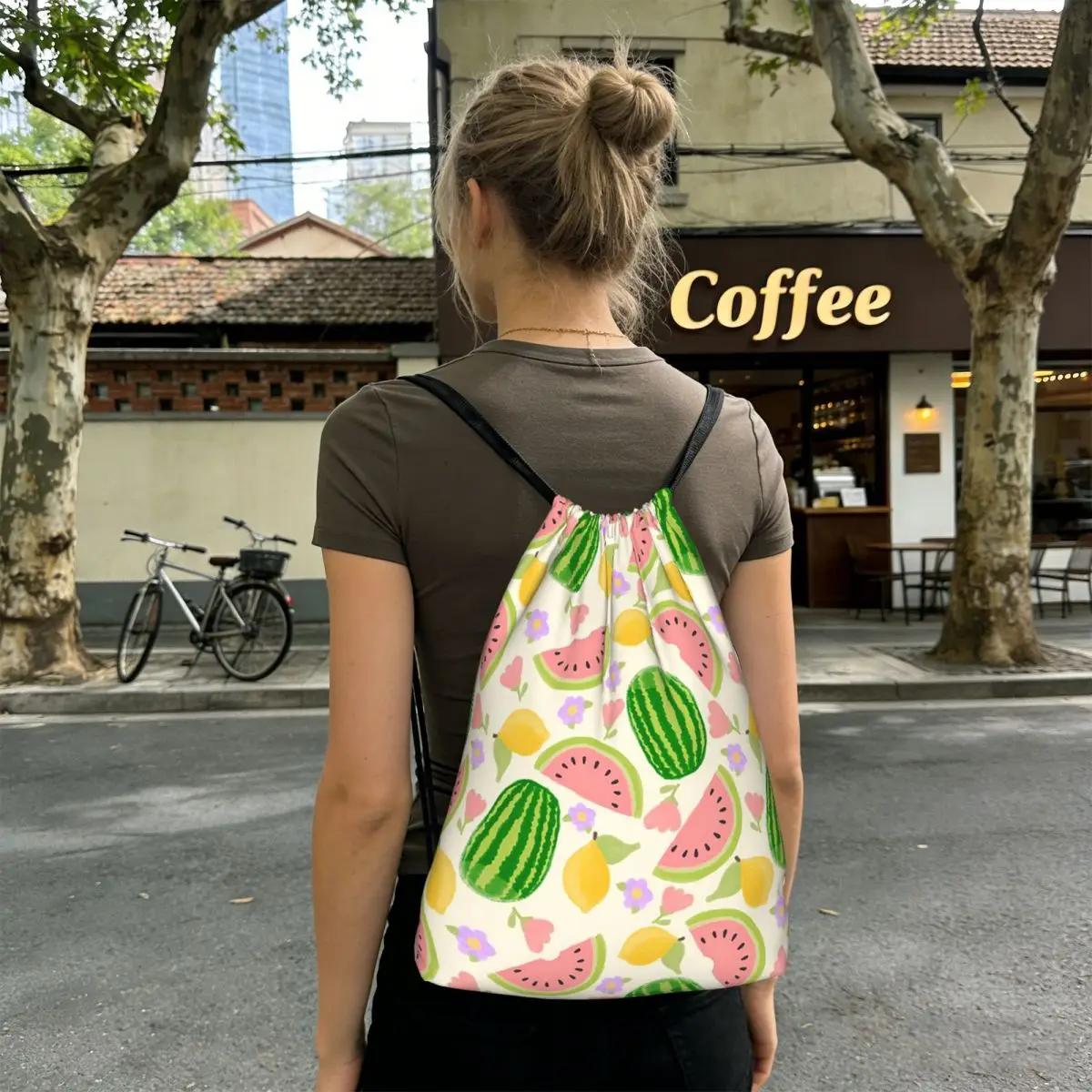 Watermelon And Lemon Pattern Backpacks Casual Drawstring Bags Shoes Bag Book Bags for Travel School