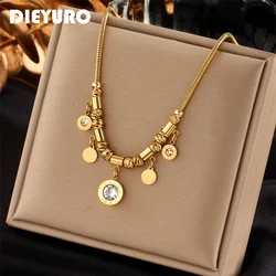 DIEYURO 316L Stainless Steel Round Roman Numeral Zircon Pendant Necklace For Women Vintage Ethnic Ladies Chain Jewelry Gifts