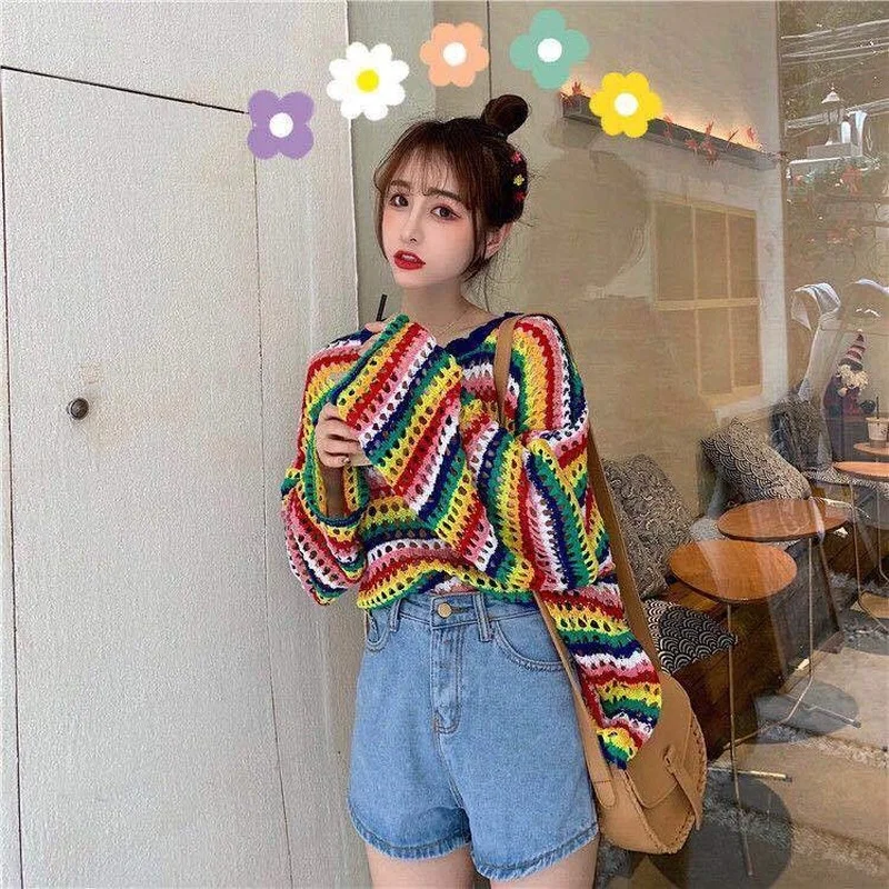 Rainbow Ladies Sweater Kawaii Tops with Headings Harajuku Crochet Knitted Sweaters for Women Cute Cashmere Autumn 2024 Trend New