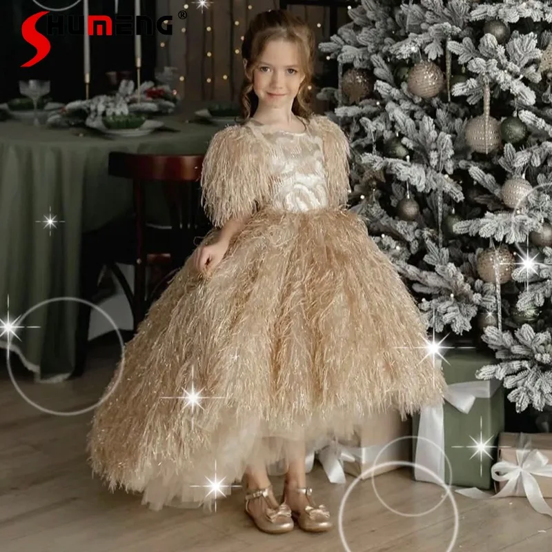 

Детское нарядное платье в европейском и американском стиле, новинка весенней коллекции, платье принцессы с перьями для девочек, короткий рукав, длинное платье