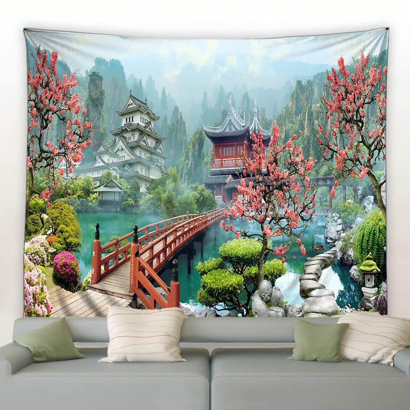 Spring scenery forest waterfall arch bridge seaside town scenery wall hanging living room garden home decoration tapestry