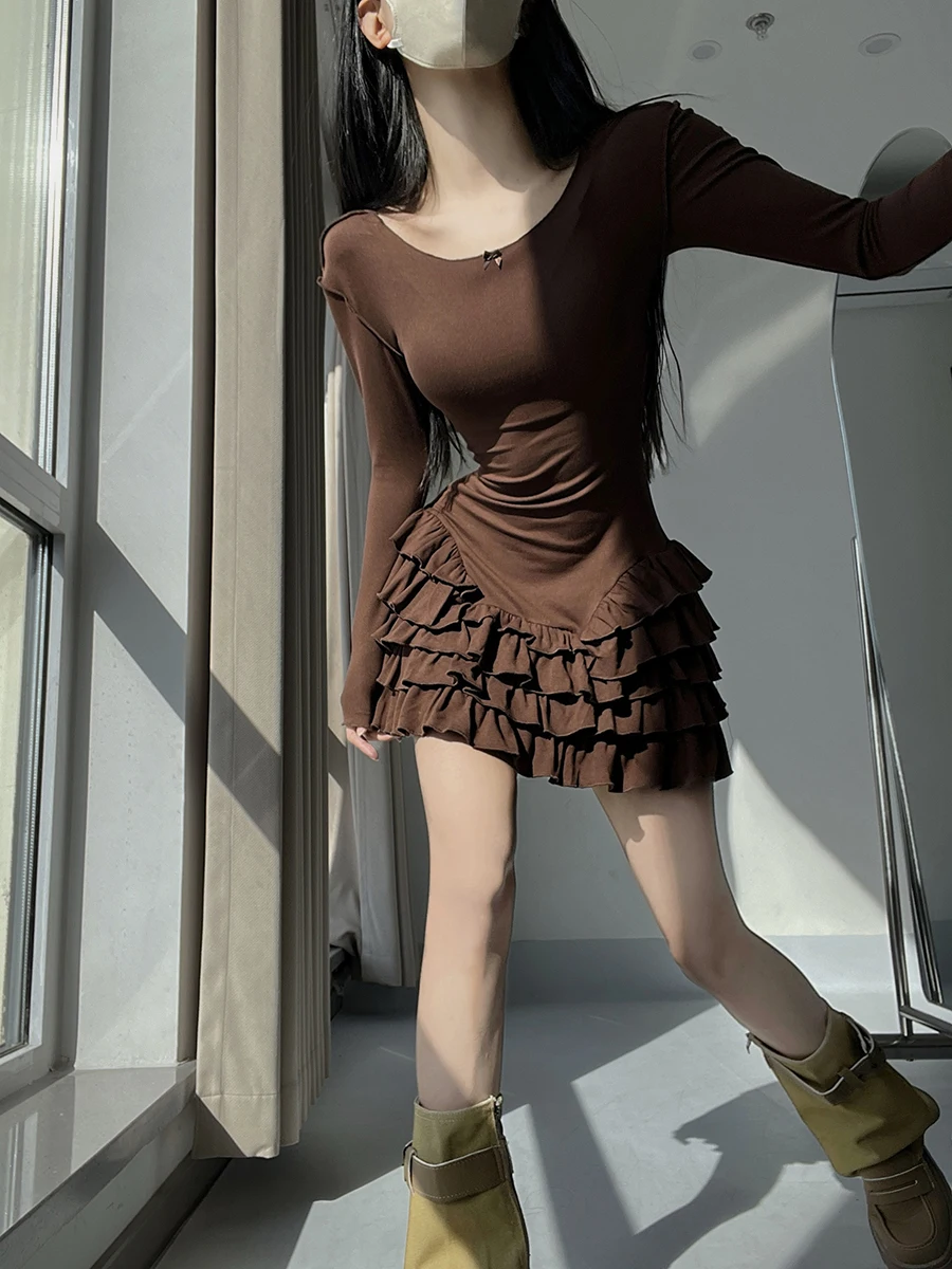 Ballet Style Slim Fit Women's Dress round Neck Long Sleeve Short Skirt Multi-Layer Lace Design Sensation Pure Desire Flower Bud