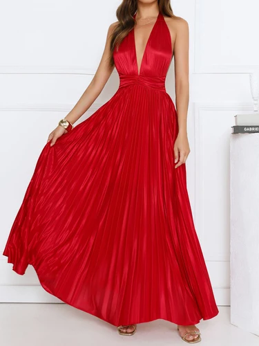 Imagen 2 del producto Vestidos de Noche con cordones para mujer, vestido Sexy con espalda descubierta y cintura alta, vestido fruncido con cuello Halter, vestido de banquete ajustado liso sin mangas elegante