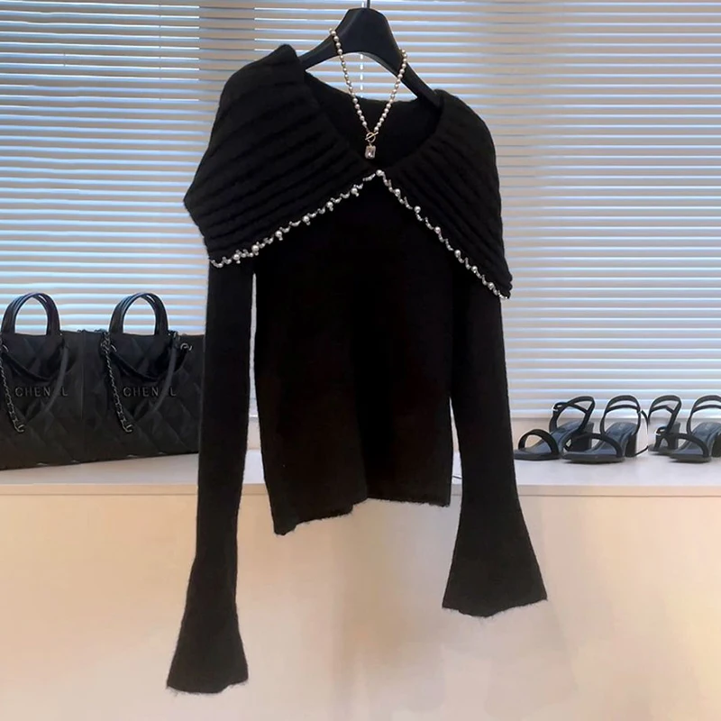 بلوفر كوري أنيق بياقة كبيرة على الطراز الفرنسي القديم بكتف واحد، بلوزة محبوكة بأكمام قصيرة راقية ومتعددة الاستخدامات للنساء #2