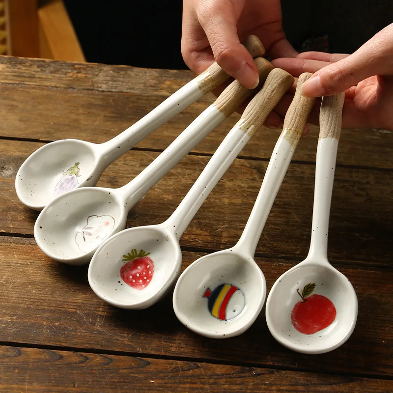 Cute Creamic Long Soup Spoon Cartoon Stoneware Hand-painted Dessert Porridge Spoons Japan Household Tableware Serving Food