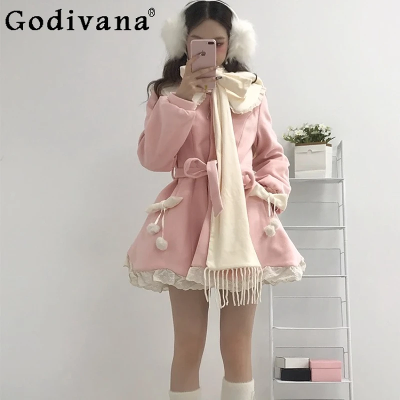 

Sweet Cute Bowknot Woolen Coat with Scarf Set for Women Autumn Winter Waist Woolen Coat Female Japanese Lolita Overcoat
