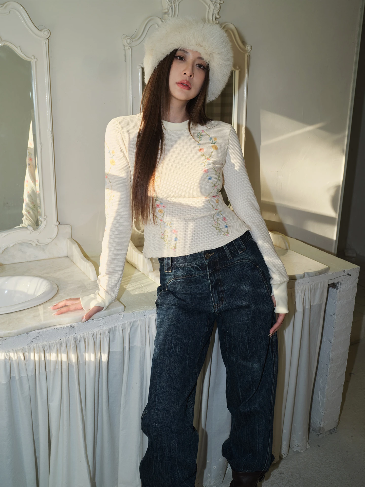 

SoirReverie Slim Fit Printed Texture Top Women's Casual Long Sve Cotton Polyester Blend round Ne T-irt