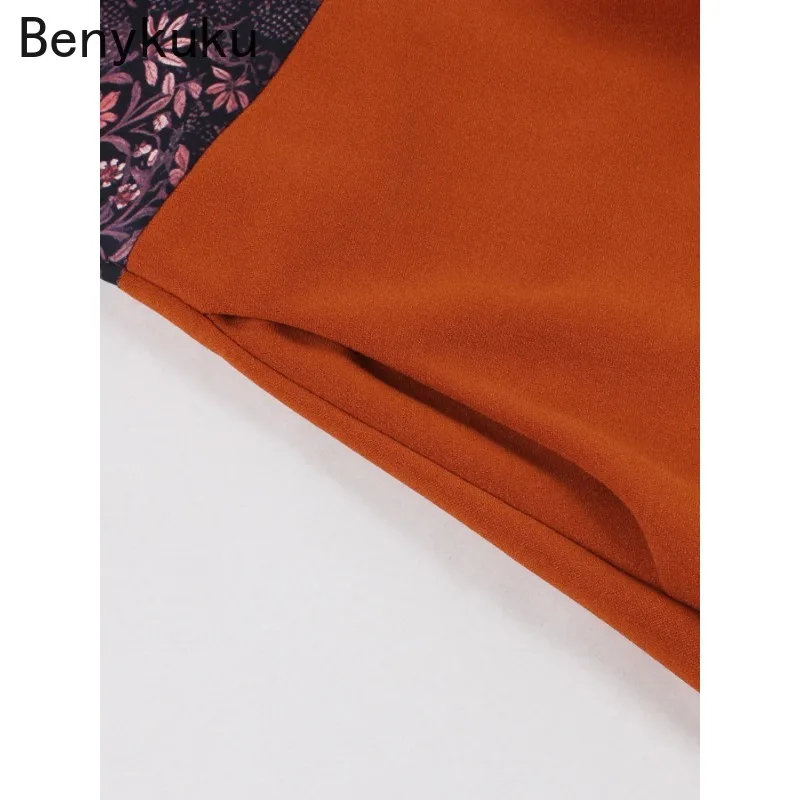 Vestido vintage elegante de meia manga com botões para mulheres 2025 gola contrastante de camada dupla floral patchwork bolsos vestidos midi