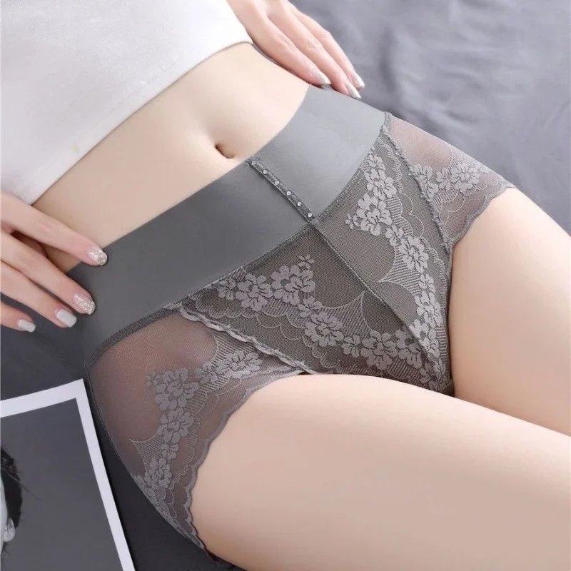 Light luxury satin lace high waist belly panties women's plus size wrap hip breathable mesh sexy sheer briefs underwear women