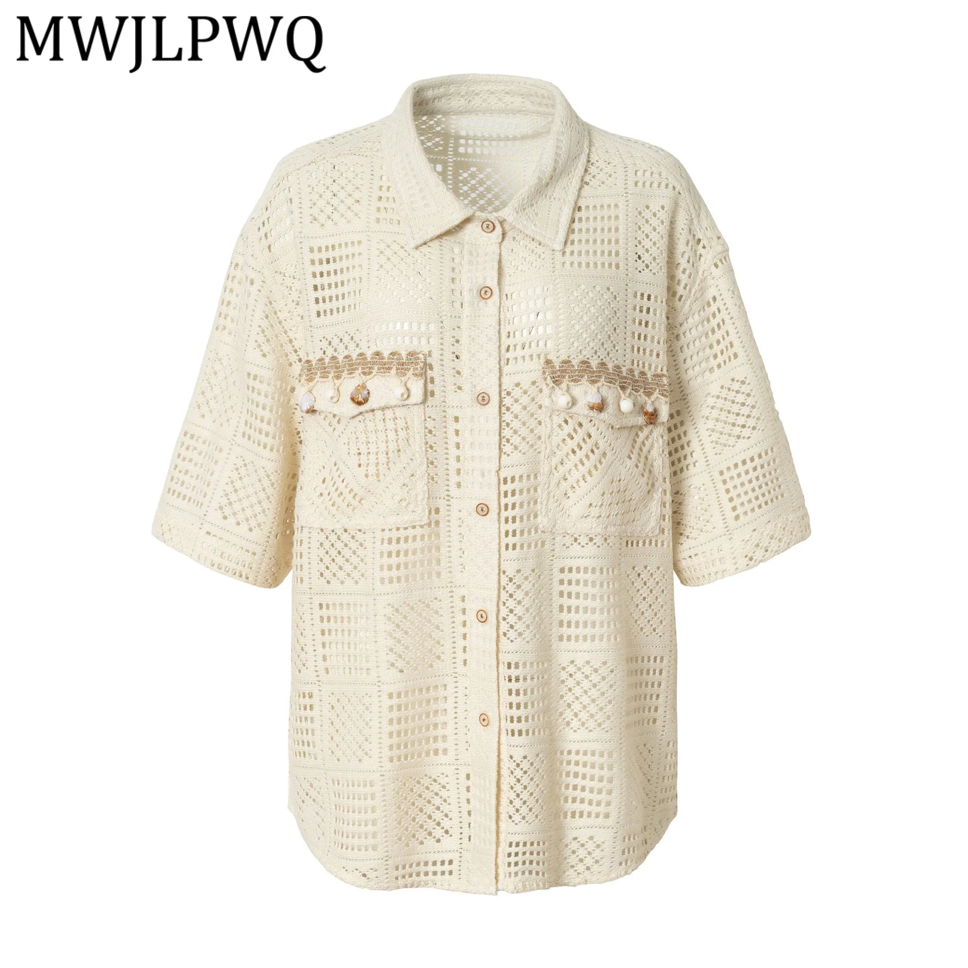 

MWJLPWQ Street Square Hollow Beaded Shirt For Men American Retro Design Short Sleeve Lapel Tops 2026 Spring Summer New 13444