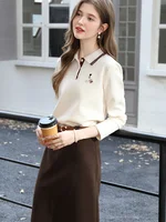 I BELIEVE YOU Polo Neck Long Sleeved T-shirt for Women Autumn 2025 Apricot Casual Tees Contrast Color Embroidery Top 2253016181 - Image 6