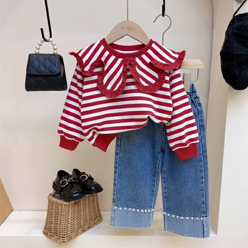 New Spring Children\'s Wear Girl\'s Stripe Long sleeved Top Casual Sports Wear 3-8 Year Old Girl\'s T-shirt and Jeans Set