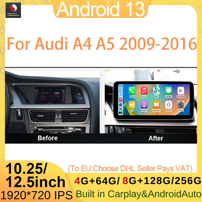 

Qualcomm 662 Android 13 12.5" 8G+256G GPS Navigation For AUDI A4 A5 B8 2009-2016 Multimedia Video Player Carplay Screen 4GLTE