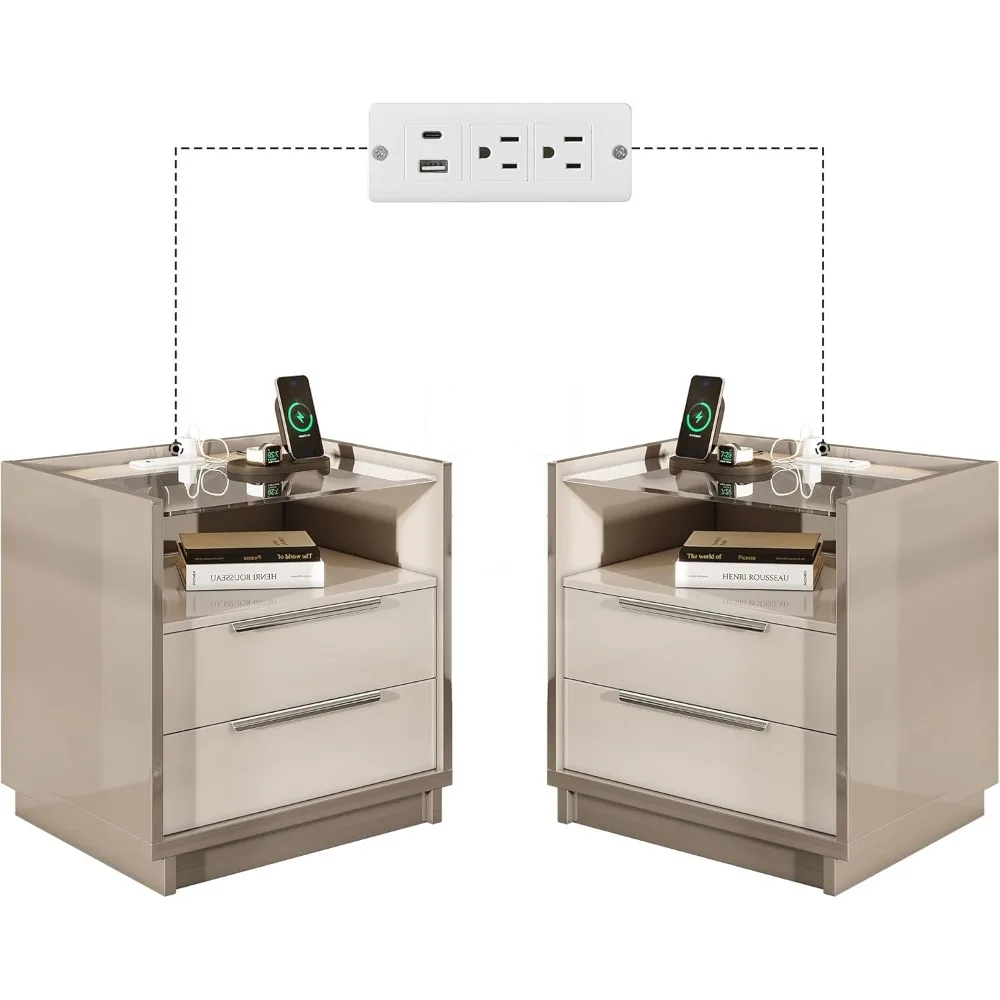 

Nightstand Set of 2, 23.6" High Gloss End Table with Glass Tabletop, Modern Bedside Table with Charging Station, 2 Drawers Nigh