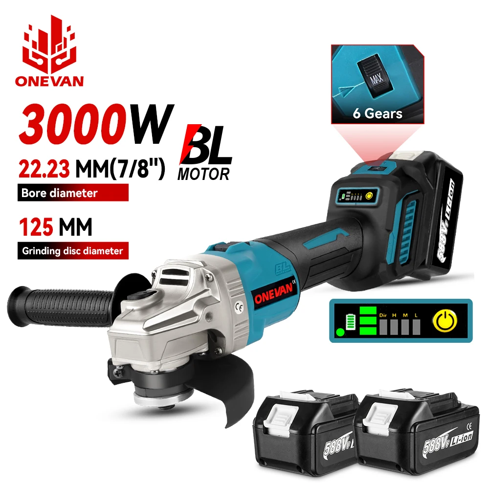 ONEVAN 5 Inch 125mm Brushless Electric Angle Grinder 6 Speed Cordless Polisher Multifunction Machine Power Tools For Makita 18V