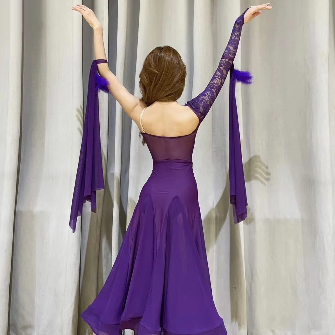 Vrouwen Nationale Standaard Dans Jurk Enkele Mouw Moderne Dans Kleding Sexy Grote Schommel Ballroom Danswedstrijd Jurk DN22410