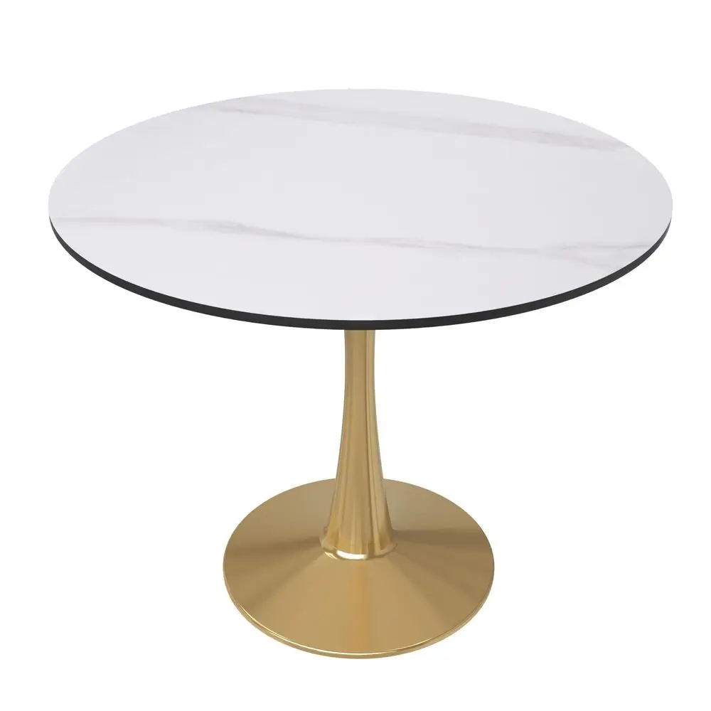 

Bristol 31 Round Dining Table in White Modern Sintered Stone Tabletop with Gold Pedestal Base, MidCentury Accent Table for Kitc