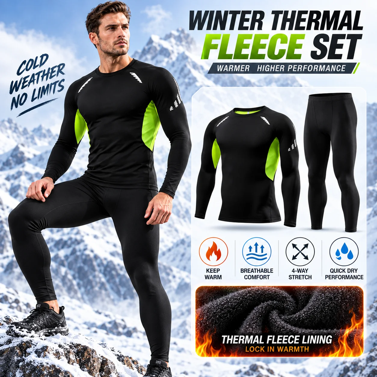 Men's Winter Thermal Underwear Set Fleece Compression Long Johns Warm Sports Base Layer Fitness Training Wear