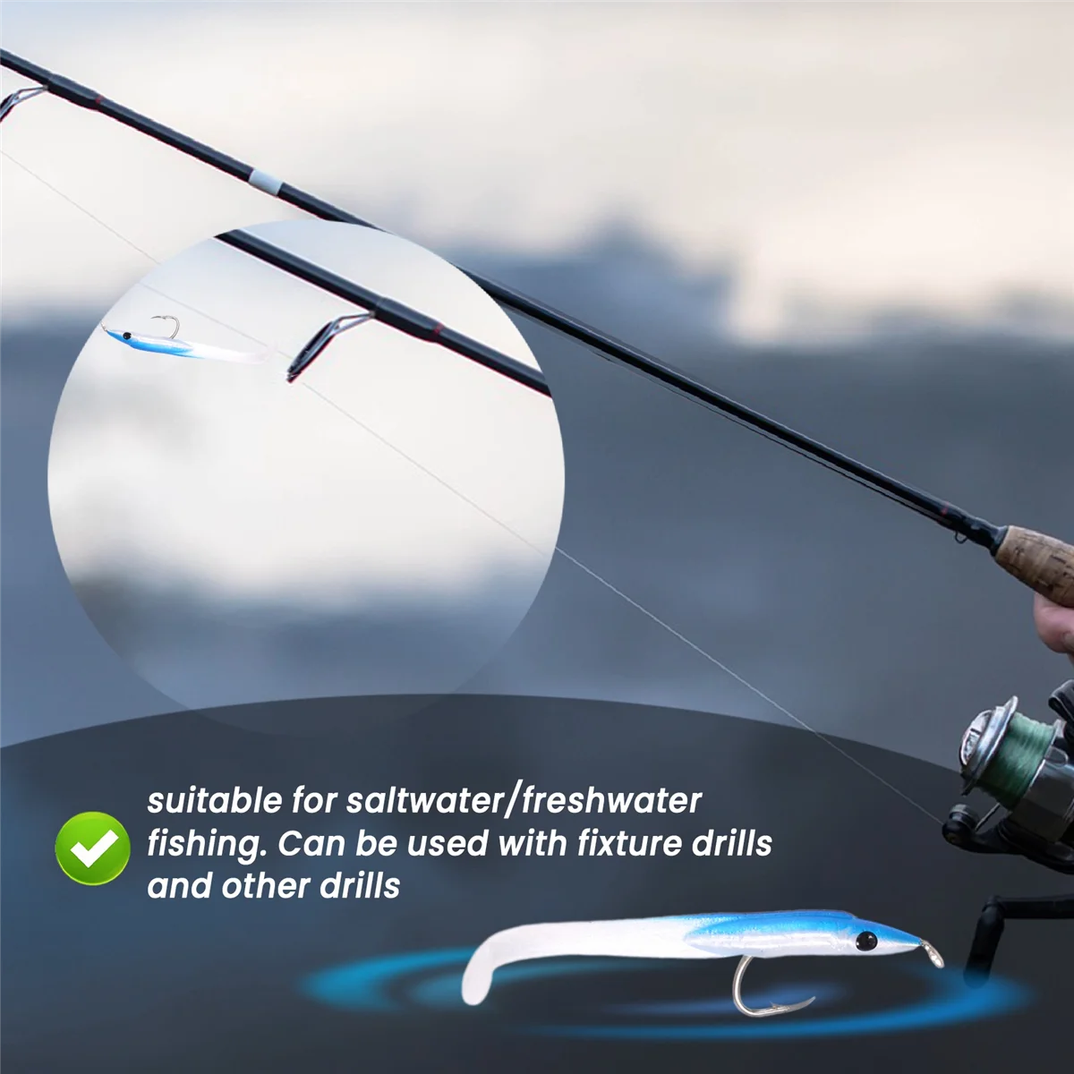 Sunmile isca de pesca falsa, isca de pesca marítima com gancho, enguia, isca biônica, 5cm/0.6g, cauda t, isca de simulação de insetos macios, 15 peças, azul