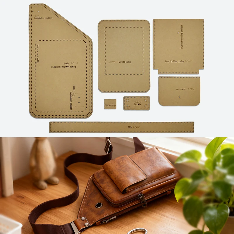 YOMDID 7PCS Handmade Leather Crossbody Bag Sewing Pattern Template DIY Men's Chest Bag Backpack Kraft Paper Making Template