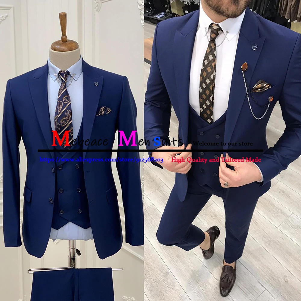 

3 Piece Navy Blue Formal Men Suit Custom Made Wedding Suits For Men Slim Fit Groom Suits Tuxedo Jacket+Vest+Pants Traje De Novio