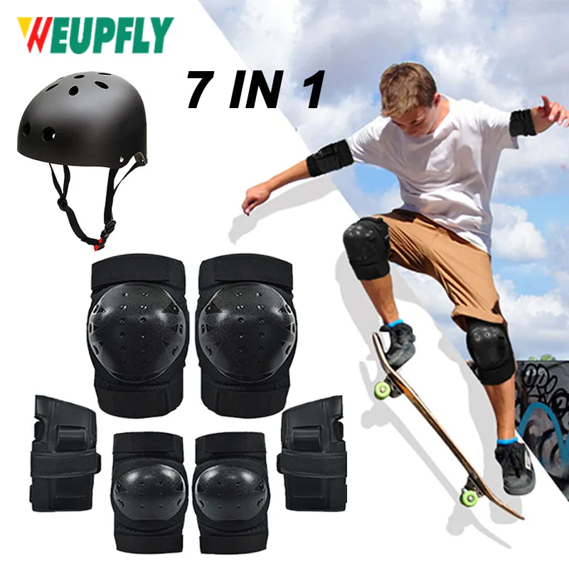 7Pcs/Set Kids/ Adult Helmet and Pads Set Adjustable Knee Pads Elbow Pads Wrist Guards for Scooter Skateboard Roller Skating