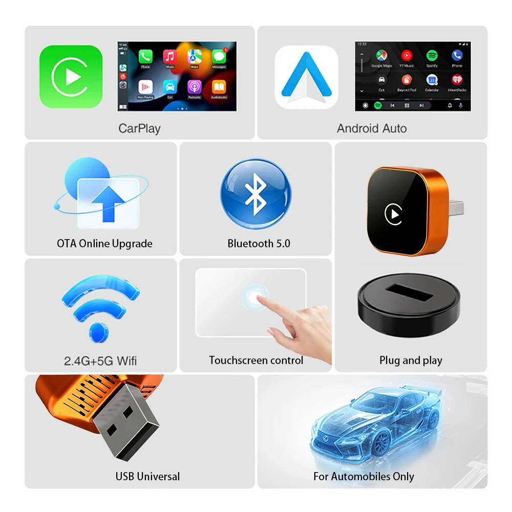 

Новый беспроводной адаптер 2-в-1 для CarPlay и Android Auto 2026 года: Умный мини-бокс с быстрым подключением по Wi-Fi, универсальный