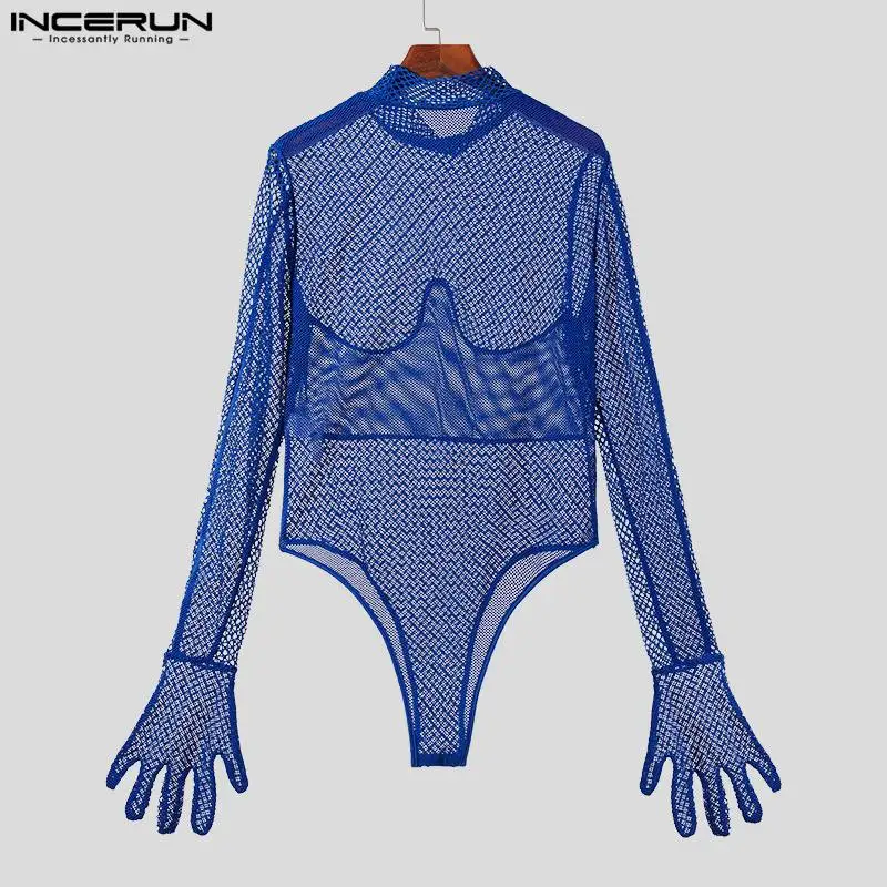 INCERUN 2023 Sexy Men\'s Jumpsuits Mesh Panel Elastic Half High Neck Rompers Male See-through Thimble Long Sleeve Bodysuits S-3XL