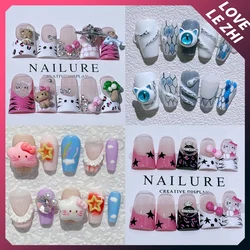 Kawaii Sanriod Hello Kitty Detachable Fake Nails Cartoon Duck Web Rhinestone Mymelody Cinnamoroll Kuromi Full Cover Nail Tips